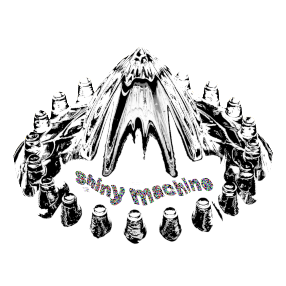 A shiny, black and white, rock and roll lemon squeezer with 'shiny machine' scrawled across in fuzzy static text.